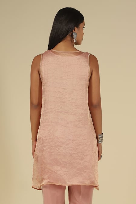 LATHA PUTTANNA Pink Organza, Tissue, Silk, Cotton Beads Split V-neck Embellishment Kurta Set at Aza Fashions LATHA PUTTANNA_Pink Organza, Tissue, Silk, Cotton Beads Split V-neck Embellishment Kurta Set _at_Aza_Fashions