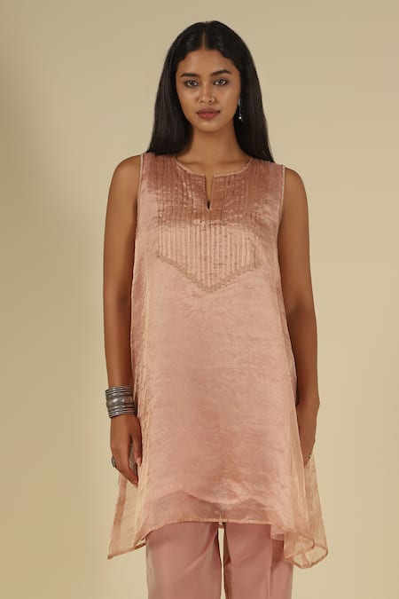 Buy LATHA PUTTANNA Pink Organza, Tissue, Silk, Cotton Beads Split V-neck Embellishment Kurta Set Buy_LATHA PUTTANNA_Pink Organza, Tissue, Silk, Cotton Beads Split V-neck Embellishment Kurta Set