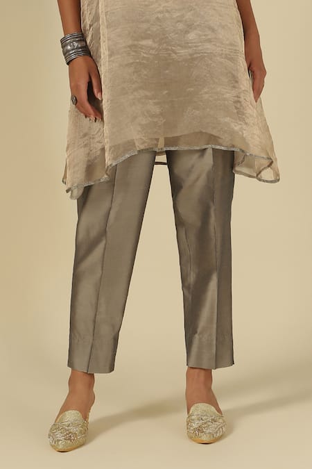 LATHA PUTTANNA_Taupe Organza, Tissue, Silk, Cotton Embroidery, Beads Embellishment Kurta Set _Online_at_Aza_Fashions