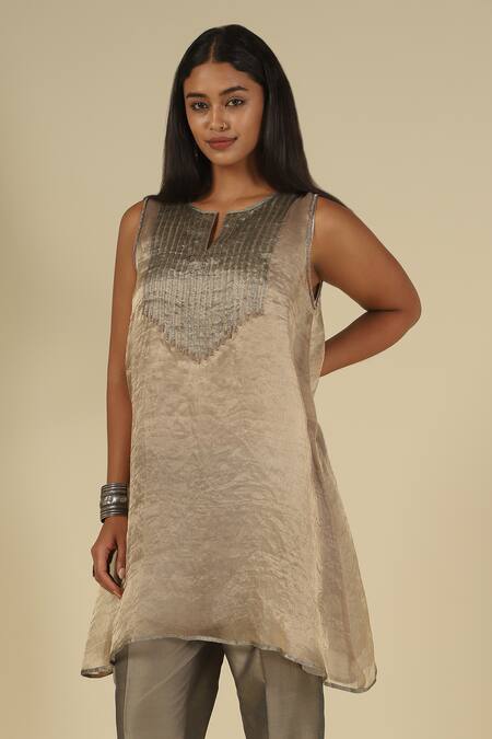 Buy_LATHA PUTTANNA_Taupe Organza, Tissue, Silk, Cotton Embroidery, Beads Embellishment Kurta Set 