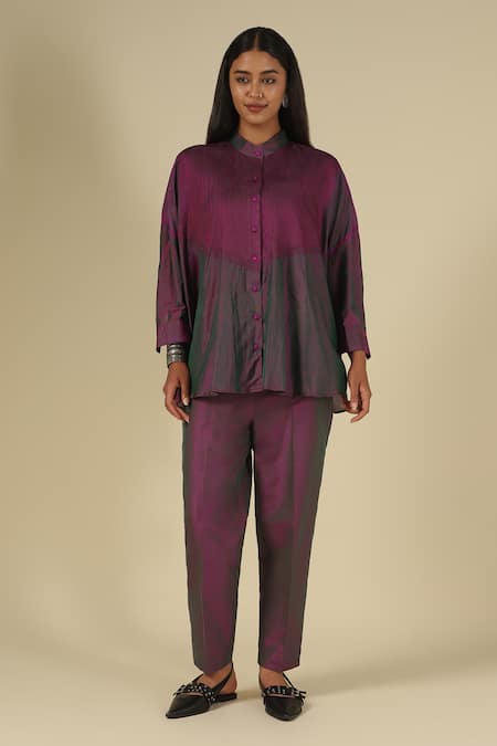 LATHA PUTTANNA_Purple Silk Embroidery Mandarin Collar Thread Hand Top _Online_at_Aza_Fashions