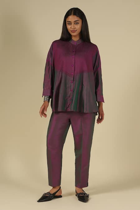 Shop_LATHA PUTTANNA_Purple Silk Embroidery Mandarin Collar Thread Hand Top _Online_at_Aza_Fashions