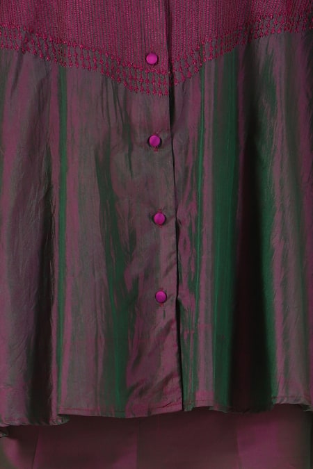 LATHA PUTTANNA_Purple Silk Embroidery Mandarin Collar Thread Hand Top _at_Aza_Fashions