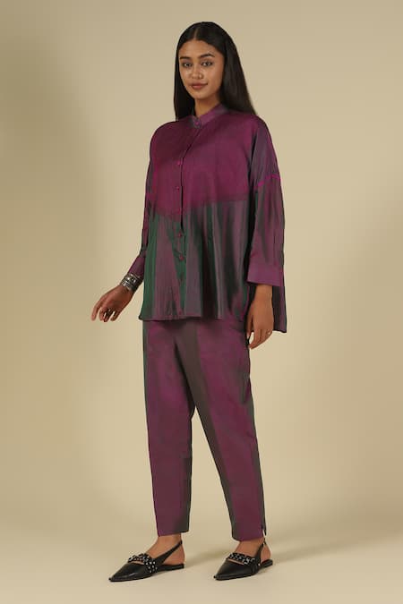 Buy_LATHA PUTTANNA_Purple Silk Embroidery Mandarin Collar Thread Hand Top 