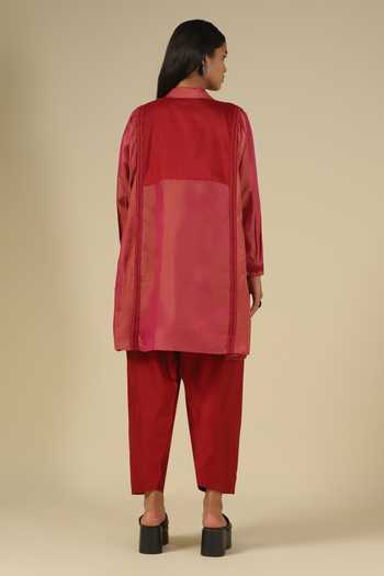 Buy_LATHA PUTTANNA_Pink Silk, Cotton Embroidery Mandarin Collar Thread Kurta With Trouser _Online_at_Aza_Fashions