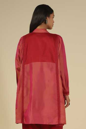 Shop_LATHA PUTTANNA_Pink Silk, Cotton Embroidery Mandarin Collar Thread Kurta With Trouser _Online_at_Aza_Fashions