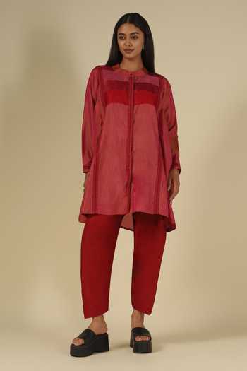 LATHA PUTTANNA_Pink Silk, Cotton Embroidery Mandarin Collar Thread Kurta With Trouser _at_Aza_Fashions