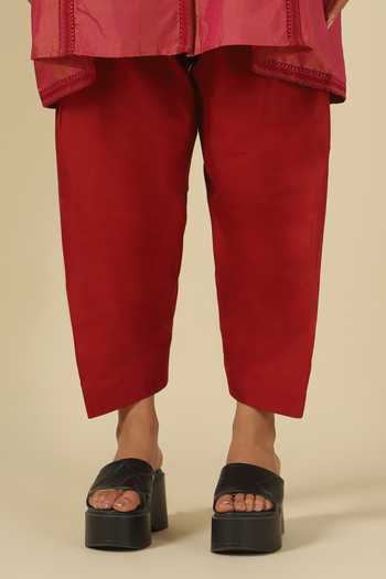 Buy_LATHA PUTTANNA_Pink Silk, Cotton Embroidery Mandarin Collar Thread Kurta With Trouser 