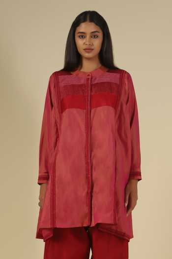 Shop_LATHA PUTTANNA_Pink Silk, Cotton Embroidery Mandarin Collar Thread Kurta With Trouser 