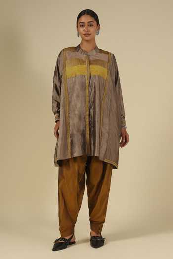 LATHA PUTTANNA_Gold Silk, Cotton Embroidery Mandarin Collar Thread Kurta With Salwar _Online_at_Aza_Fashions