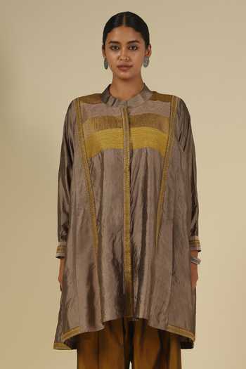 Buy_LATHA PUTTANNA_Gold Silk, Cotton Embroidery Mandarin Collar Thread Kurta With Salwar _Online_at_Aza_Fashions