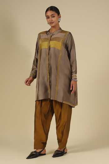 Shop_LATHA PUTTANNA_Gold Silk, Cotton Embroidery Mandarin Collar Thread Kurta With Salwar _Online_at_Aza_Fashions