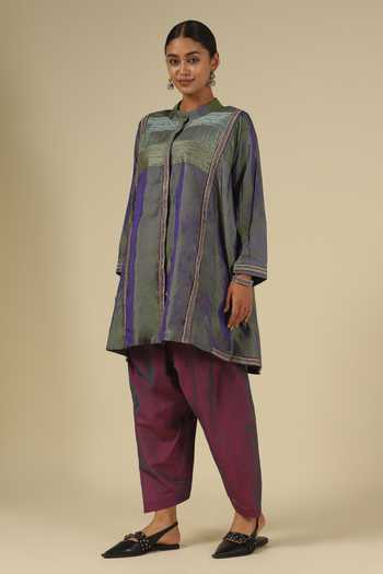 LATHA PUTTANNA_Purple Silk, Cotton Embroidery Mandarin Straight Karnataka Kurta And Salwar Set _Online_at_Aza_Fashions