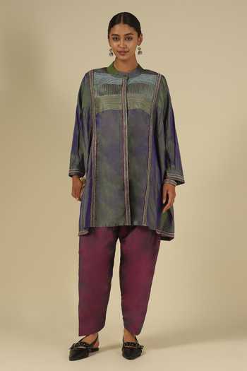 Buy_LATHA PUTTANNA_Purple Silk, Cotton Embroidery Mandarin Straight Karnataka Kurta And Salwar Set _Online_at_Aza_Fashions
