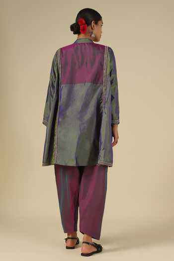 Shop_LATHA PUTTANNA_Purple Silk, Cotton Embroidery Mandarin Straight Karnataka Kurta And Salwar Set _Online_at_Aza_Fashions