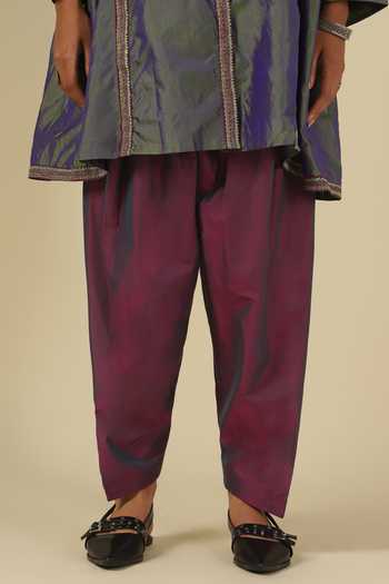 LATHA PUTTANNA_Purple Silk, Cotton Embroidery Mandarin Straight Karnataka Kurta And Salwar Set _at_Aza_Fashions