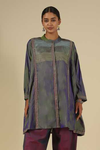 Buy_LATHA PUTTANNA_Purple Silk, Cotton Embroidery Mandarin Straight Karnataka Kurta And Salwar Set 