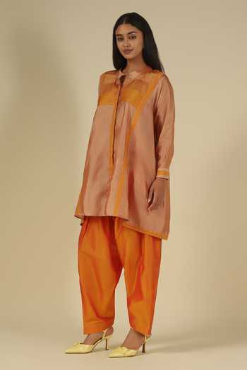 LATHA PUTTANNA_Gold Silk, Cotton Embroidery Mandarin Collar Two Tone Kurta Set _Online_at_Aza_Fashions