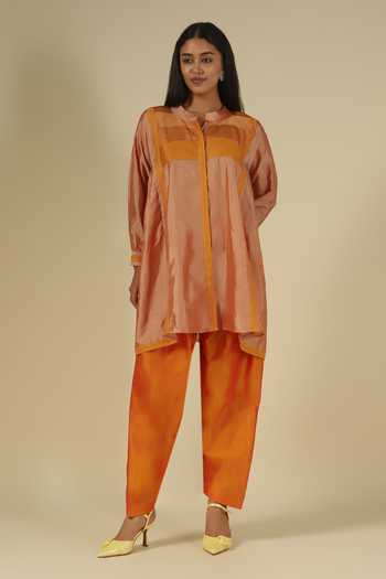 Buy_LATHA PUTTANNA_Gold Silk, Cotton Embroidery Mandarin Collar Two Tone Kurta Set _Online_at_Aza_Fashions