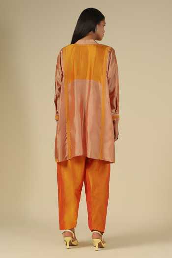 Shop_LATHA PUTTANNA_Gold Silk, Cotton Embroidery Mandarin Collar Two Tone Kurta Set _Online_at_Aza_Fashions