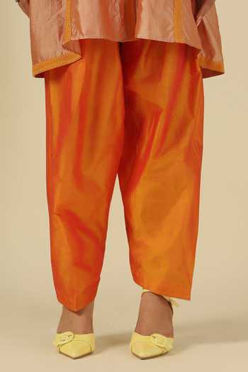 LATHA PUTTANNA_Gold Silk, Cotton Embroidery Mandarin Collar Two Tone Kurta Set _at_Aza_Fashions