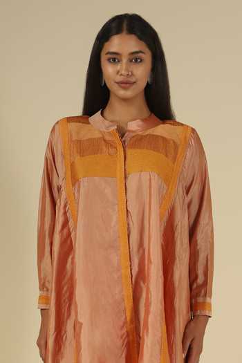 Buy_LATHA PUTTANNA_Gold Silk, Cotton Embroidery Mandarin Collar Two Tone Kurta Set 