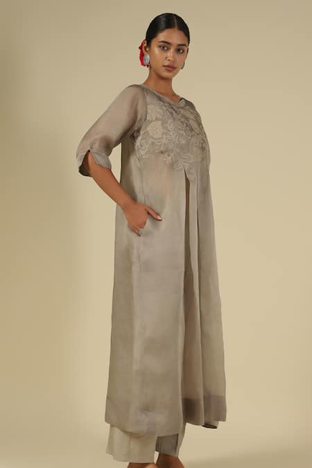 LATHA PUTTANNA_Grey Organza, Satin Embroidery Round Neck, Yes Silk Thread Long Kurta _Online_at_Aza_Fashions