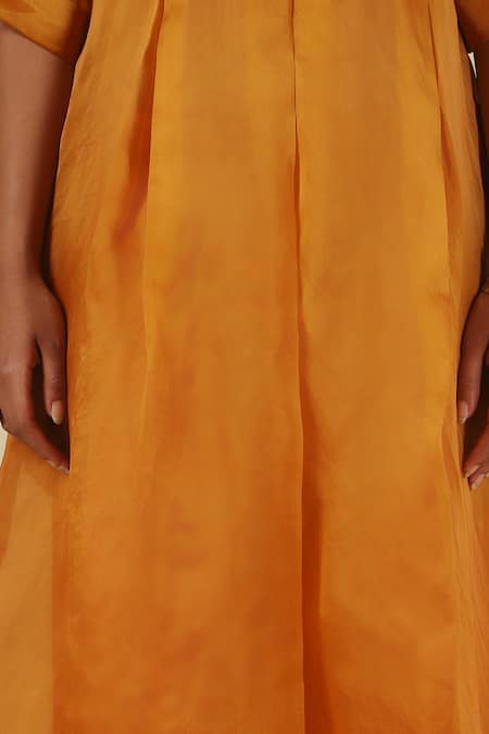 Shop LATHA PUTTANNA Yellow Organza, Satin Embroidery Round Neck Yoke Kurta Shop_LATHA PUTTANNA_Yellow Organza, Satin Embroidery Round Neck Yoke Kurta