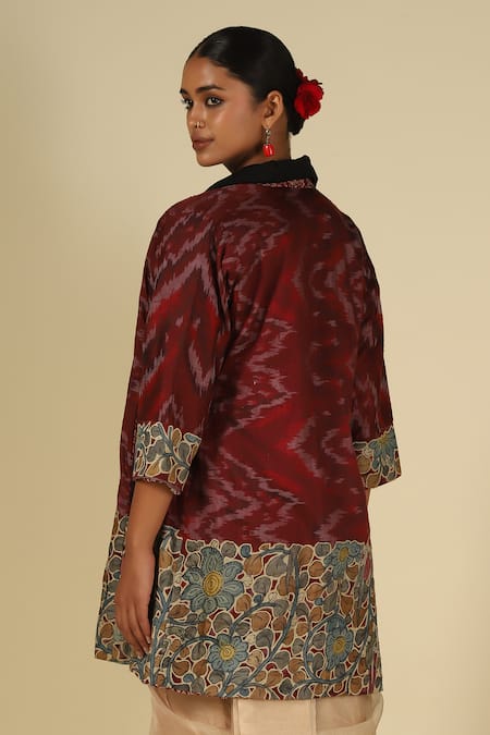 Shop_LATHA PUTTANNA_Maroon Silk Applique Shawl Neck Hand Painted Kalamkari Jacket _Online_at_Aza_Fashions