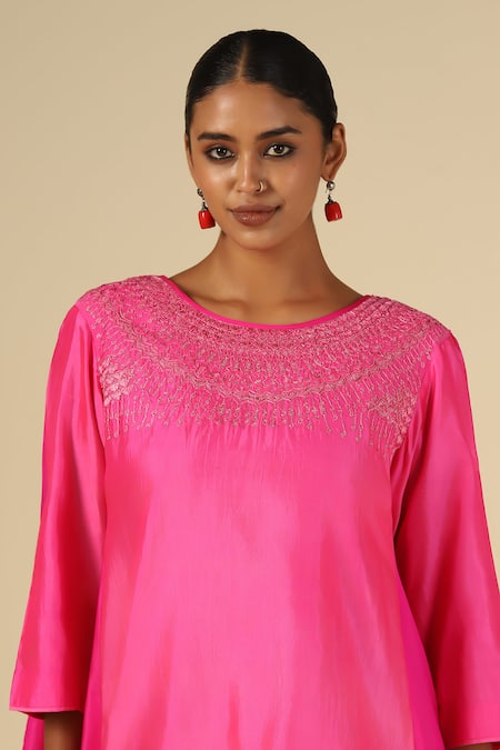 Buy_LATHA PUTTANNA_Pink Silk, Satin Embroidery Round Neck Thread Dress _Online_at_Aza_Fashions