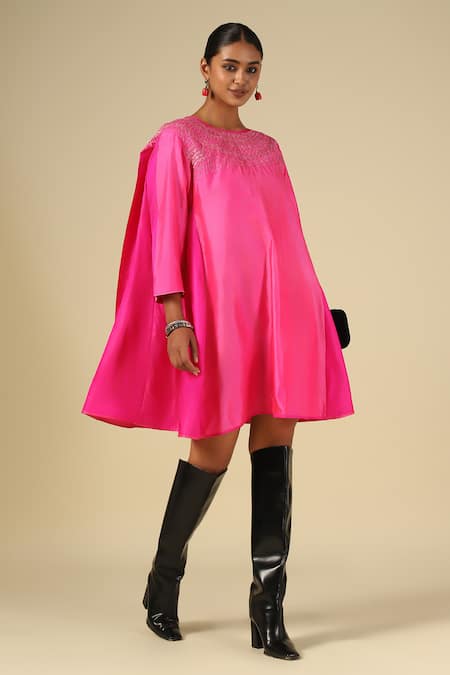 Shop_LATHA PUTTANNA_Pink Silk, Satin Embroidery Round Neck Thread Dress _Online_at_Aza_Fashions