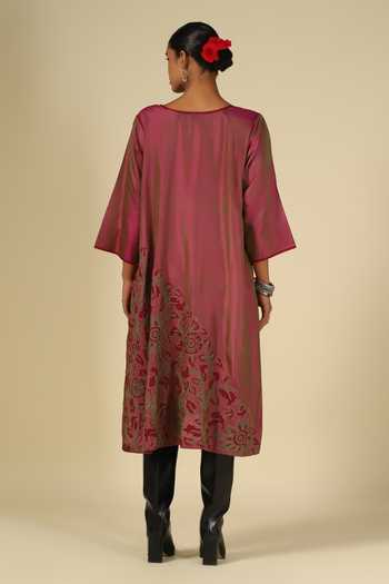 Latha Puttanna_Wine Silk, Cotton Embroidery Split V-neck Karnataka Kurta And Trouser Set _Online_at_Aza_Fashions