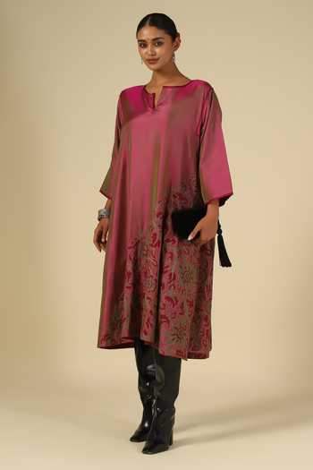 Buy_Latha Puttanna_Wine Silk, Cotton Embroidery Split V-neck Karnataka Kurta And Trouser Set _Online_at_Aza_Fashions
