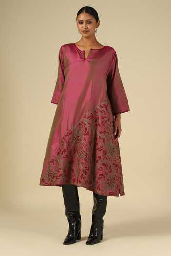 Shop_Latha Puttanna_Wine Silk, Cotton Embroidery Split V-neck Karnataka Kurta And Trouser Set _Online_at_Aza_Fashions