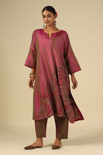 Latha Puttanna_Wine Silk, Cotton Embroidery Split V-neck Karnataka Kurta And Trouser Set _at_Aza_Fashions