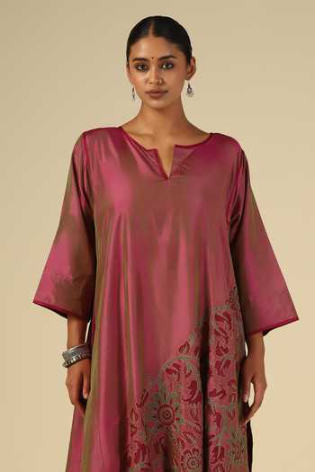 Shop_Latha Puttanna_Wine Silk, Cotton Embroidery Split V-neck Karnataka Kurta And Trouser Set 