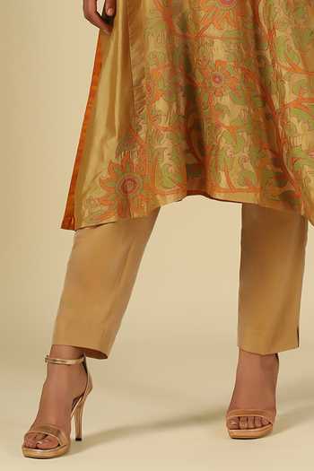 Shop Latha Puttanna Gold Silk, Cotton Embroidery Split V-neck, Yes Karnataka Kurta And Trouser Set Online at Aza Fashions Shop_Latha Puttanna_Gold Silk, Cotton Embroidery Split V-neck, Yes Karnataka Kurta And Trouser Set _Online_at_Aza_Fashions