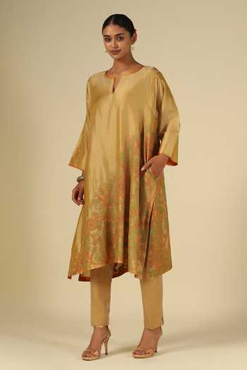 Latha Puttanna Gold Silk, Cotton Embroidery Split V-neck, Yes Karnataka Kurta And Trouser Set at Aza Fashions Latha Puttanna_Gold Silk, Cotton Embroidery Split V-neck, Yes Karnataka Kurta And Trouser Set _at_Aza_Fashions