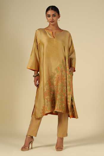 Buy Latha Puttanna Gold Silk, Cotton Embroidery Split V-neck, Yes Karnataka Kurta And Trouser Set Buy_Latha Puttanna_Gold Silk, Cotton Embroidery Split V-neck, Yes Karnataka Kurta And Trouser Set