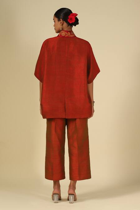 LATHA PUTTANNA_Red Silk Embroidery, Zari Mandarin Collar Raw Top _Online_at_Aza_Fashions