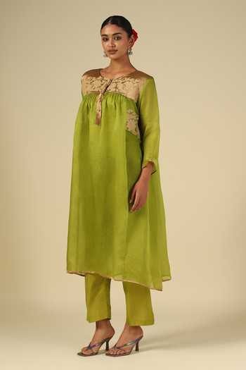 Buy LATHA PUTTANNA Green Silk, Cotton, Organza, Tissue Applique Round Contrast Kurta And Pant Set Online at Aza Fashions Buy_LATHA PUTTANNA_Green Silk, Cotton, Organza, Tissue Applique Round Contrast Kurta And Pant Set _Online_at_Aza_Fashions