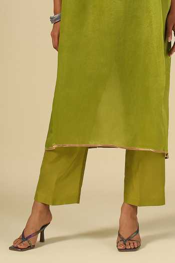 Buy LATHA PUTTANNA Green Silk, Cotton, Organza, Tissue Applique Round Contrast Kurta And Pant Set Buy_LATHA PUTTANNA_Green Silk, Cotton, Organza, Tissue Applique Round Contrast Kurta And Pant Set