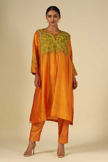 LATHA PUTTANNA Orange Silk Embroidery Round Neck, Yes Yoke Kurta Set at Aza Fashions LATHA PUTTANNA_Orange Silk Embroidery Round Neck, Yes Yoke Kurta Set _at_Aza_Fashions