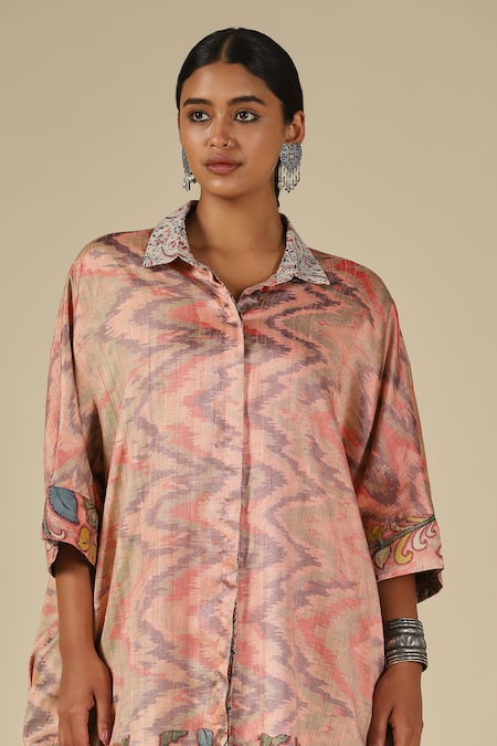 Shop LATHA PUTTANNA Pink Silk Applique Collared Hand Painted Kalamkari Jacket Online at Aza Fashions Shop_LATHA PUTTANNA_Pink Silk Applique Collared Hand Painted Kalamkari Jacket _Online_at_Aza_Fashions