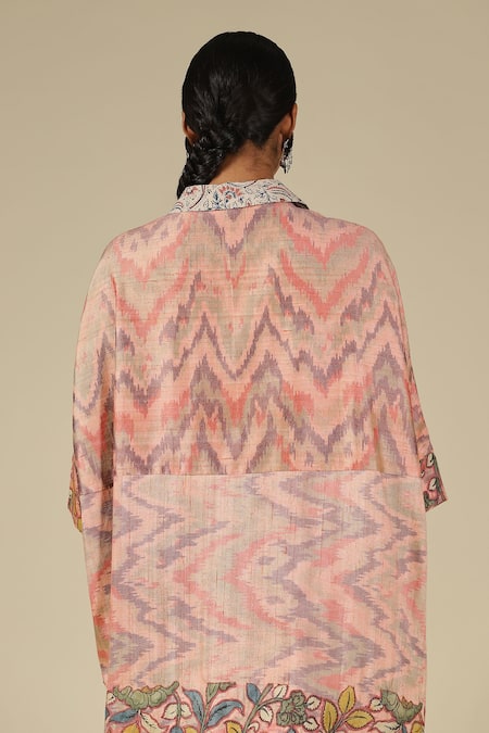 LATHA PUTTANNA Pink Silk Applique Collared Hand Painted Kalamkari Jacket at Aza Fashions LATHA PUTTANNA_Pink Silk Applique Collared Hand Painted Kalamkari Jacket _at_Aza_Fashions