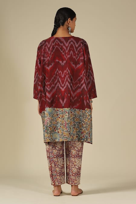 LATHA PUTTANNA Hand Painted Kalamkari Ikat Raw Silk Kurta 