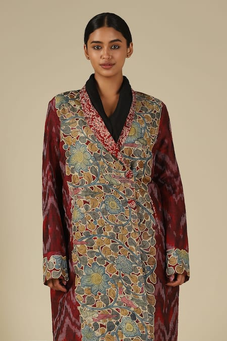 Buy_LATHA PUTTANNA_Wine Silk Applique Shawl Neck Hand Painted Jacket _Online_at_Aza_Fashions