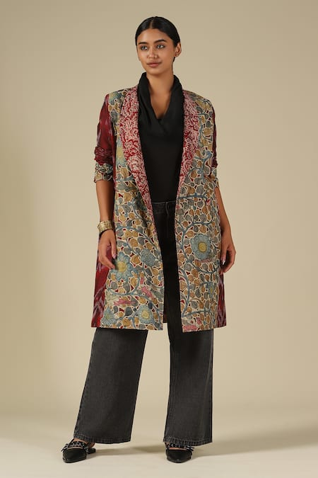 Shop_LATHA PUTTANNA_Wine Silk Applique Shawl Neck Hand Painted Jacket _Online_at_Aza_Fashions