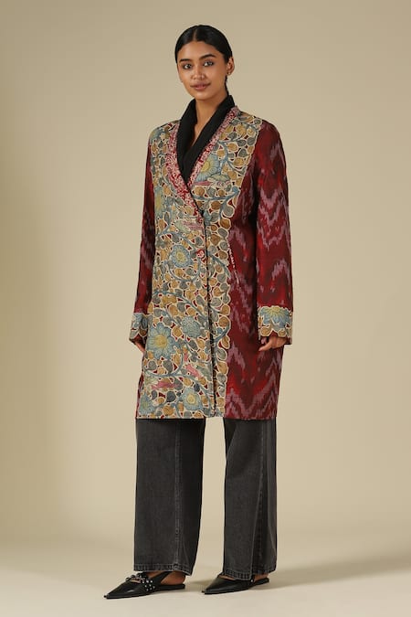 LATHA PUTTANNA_Wine Silk Applique Shawl Neck Hand Painted Jacket _at_Aza_Fashions