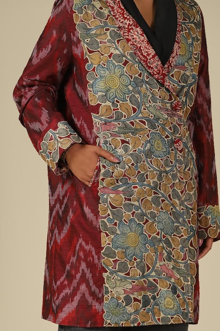 Shop_LATHA PUTTANNA_Wine Silk Applique Shawl Neck Hand Painted Jacket 